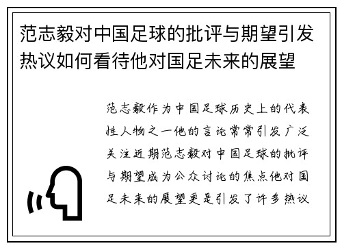 范志毅对中国足球的批评与期望引发热议如何看待他对国足未来的展望